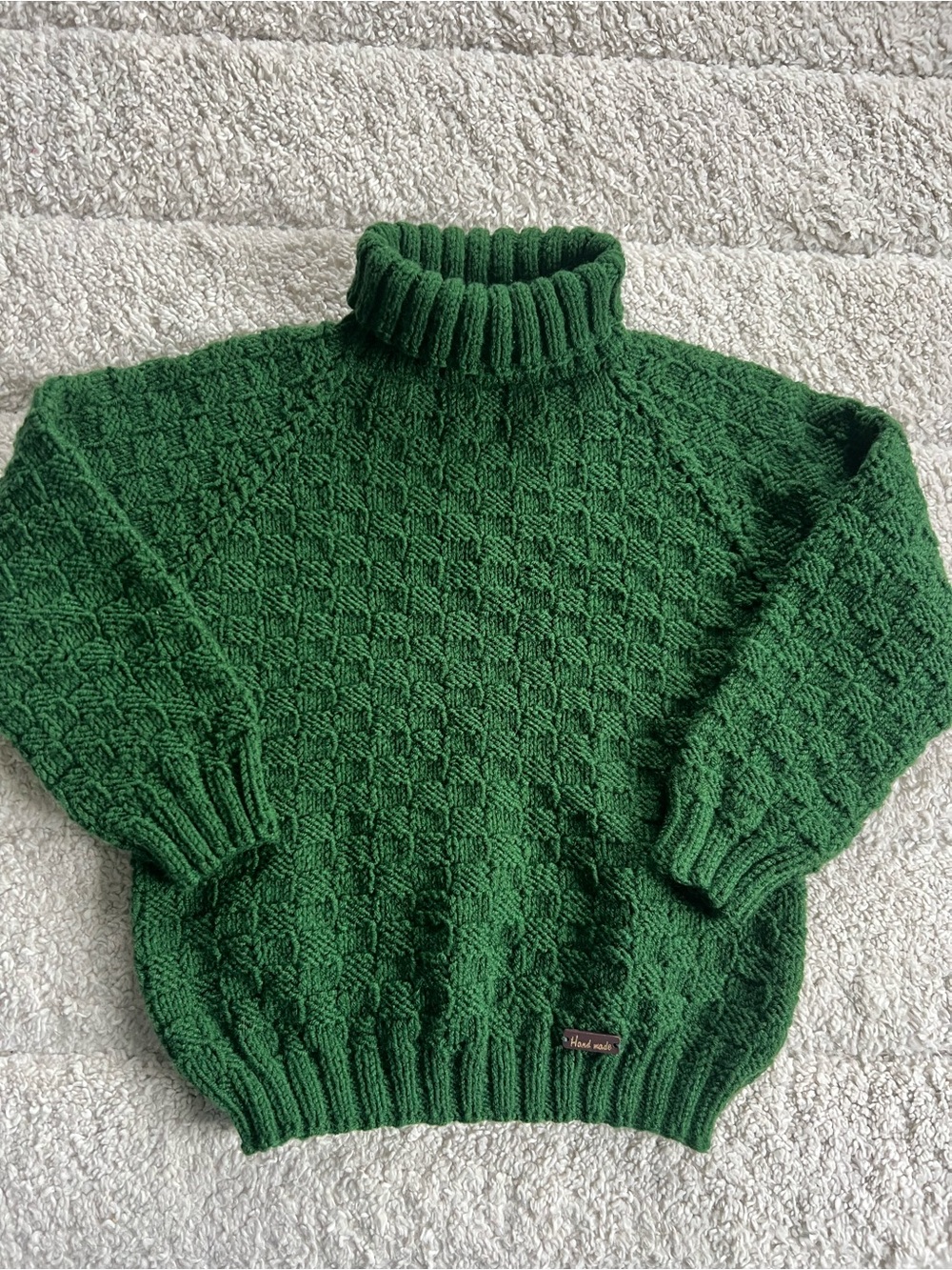 Handmade Cozy Forest Green Cable Knit Chunky Turtleneck Wool Sweater Kids